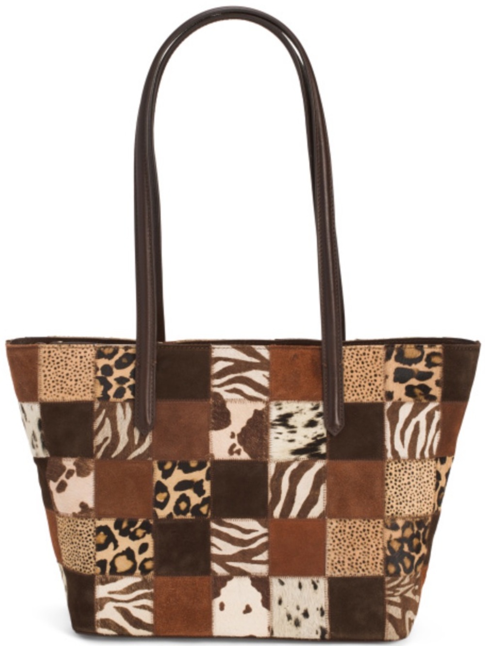 MARTA PONTI Leather Patchwork Animal Print Tote Bag in Brown